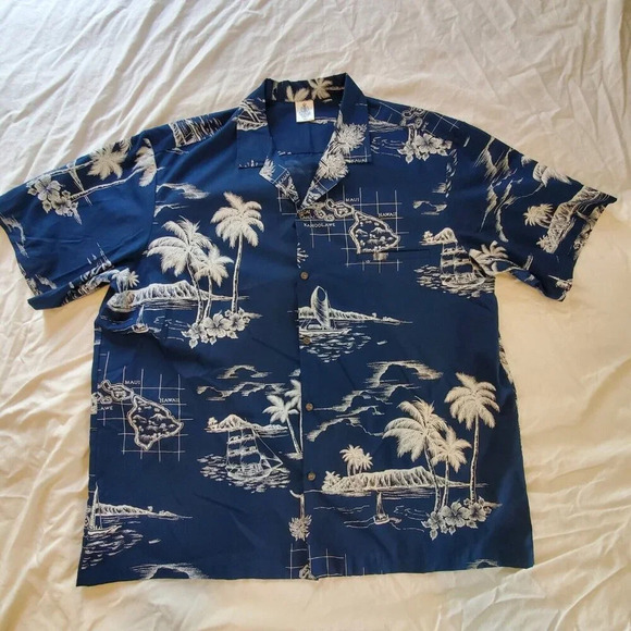 Royal Creations Men’s Hawaiian Shirt Blue Hawaii Islands Boat Palm Beach USA XXL - Picture 9 of 10